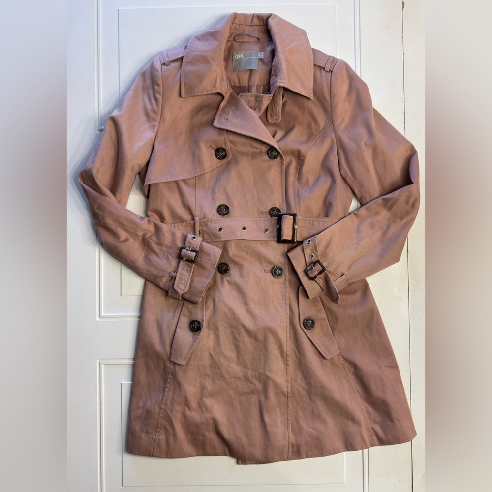 ASOS Women’s Sz 6 Pink Peach Salmon Long Jacket Trench Coat Belt